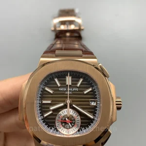 Patek-Philippe-Nautilus-5980R-001-Replica-Mens-Luxury-Chronograph-Watch-40.5mm-Rose-Gold-Case-Brown-Gradient-Dial-Leather-Strap-Front-View