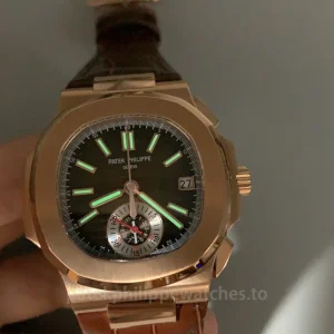Patek-Philippe-Nautilus-5980R-001-Replica-Mens-Luxury-Chronograph-Watch-40.5mm-Rose-Gold-Case-Brown-Gradient-Dial-Leather-Strap-Luminescence
