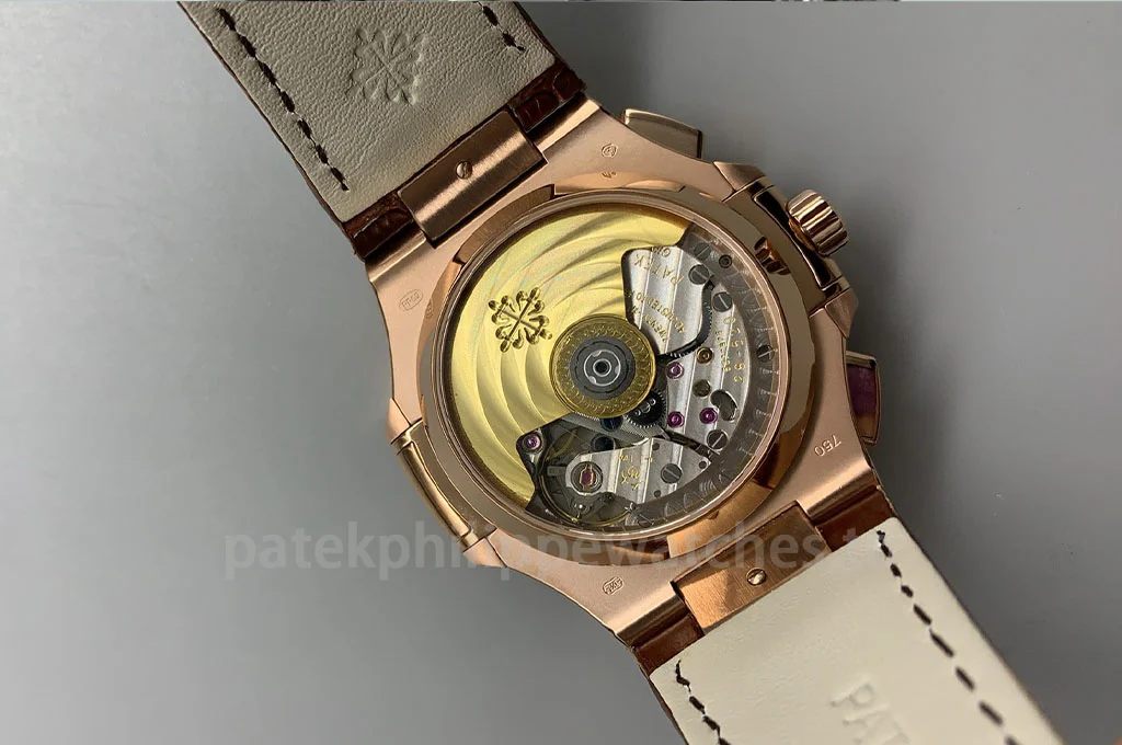 Patek Philippe Nautilus 5980R-001 Replica men's luxury chronograph watch with rose gold case, transparent case back, detailed mechanical movement, and brown leather strap