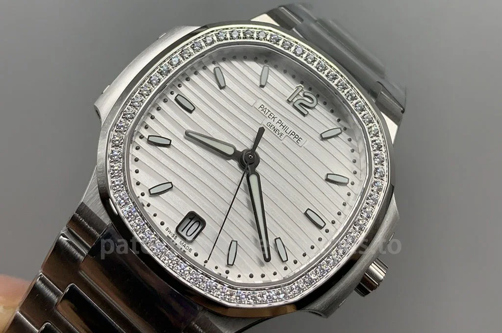 Patek Philippe Nautilus 7118/1200A-010 Super Clone with diamond-style simulated diamond bezel and silver-white dial