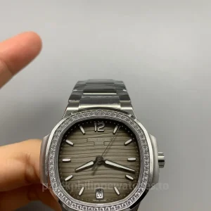Patek-Philippe-Nautilus-71181200A-011-Super-Clone-35.2mm-Womens-Luxury-Automatic-Watch-with-Smoky-White-Dial-Diamond-Bezel-Front-View