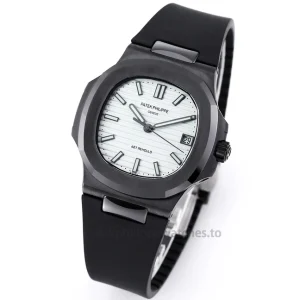 Replica Patek Philippe Nautilus 5711 × AET REMOULD Black Ceramic – 40mm Silver-White DialFront view2