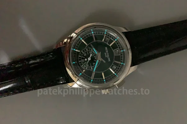 Super Clone Patek Philippe Complications 5905P-014 42mm men's automatic flyback chronograph watch with olive green dial and black leather strap.