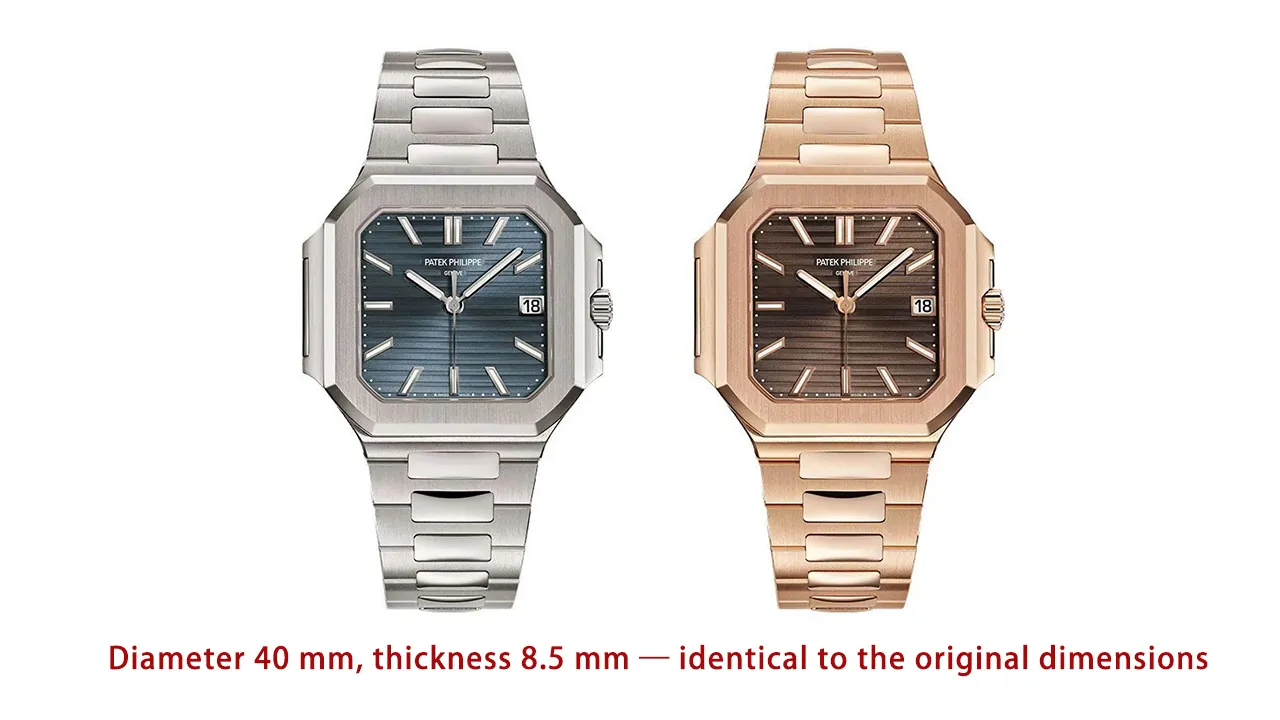 Patek Philippe Cubitus 7128 stainless steel with blue dial and rose gold with brown sunburst dial