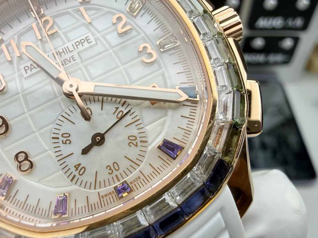 Patek Philippe Aquanaut Luce 7968 Rainbow Super Clone – white mother-of-pearl dial, rose gold hands, multicoloured sapphire markers and diamond-set rainbow bezel