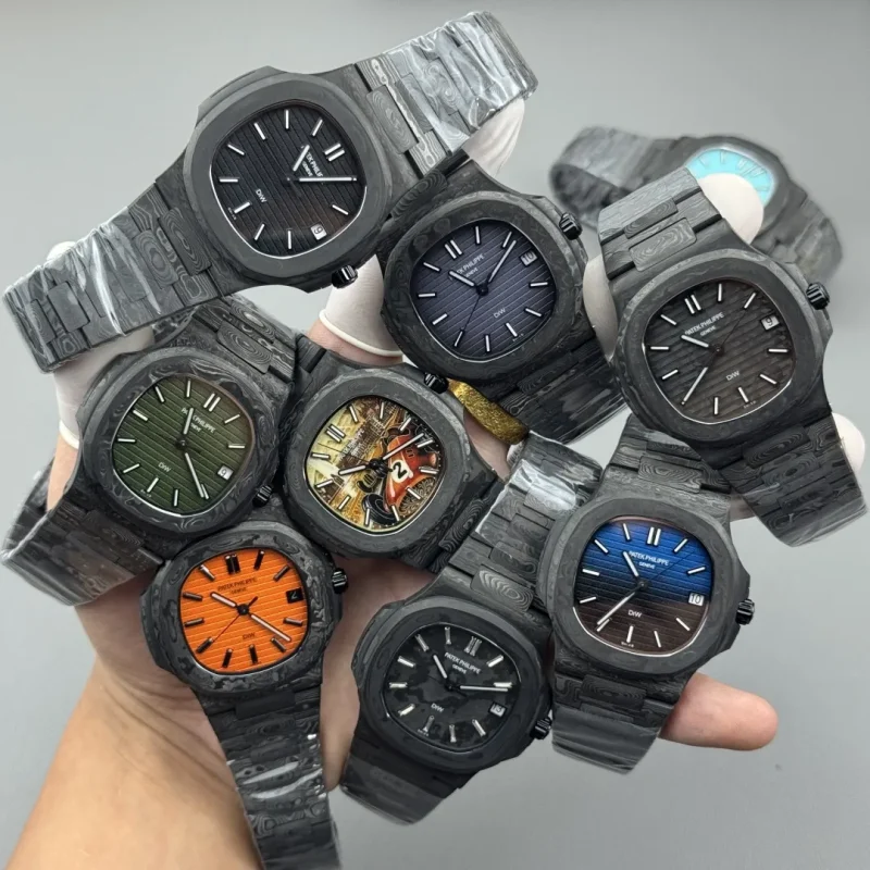 DiW Patek Philippe Nautilus 5711 carbon fiber case bracelet multi dial colors black blue green orange gradient artistic.