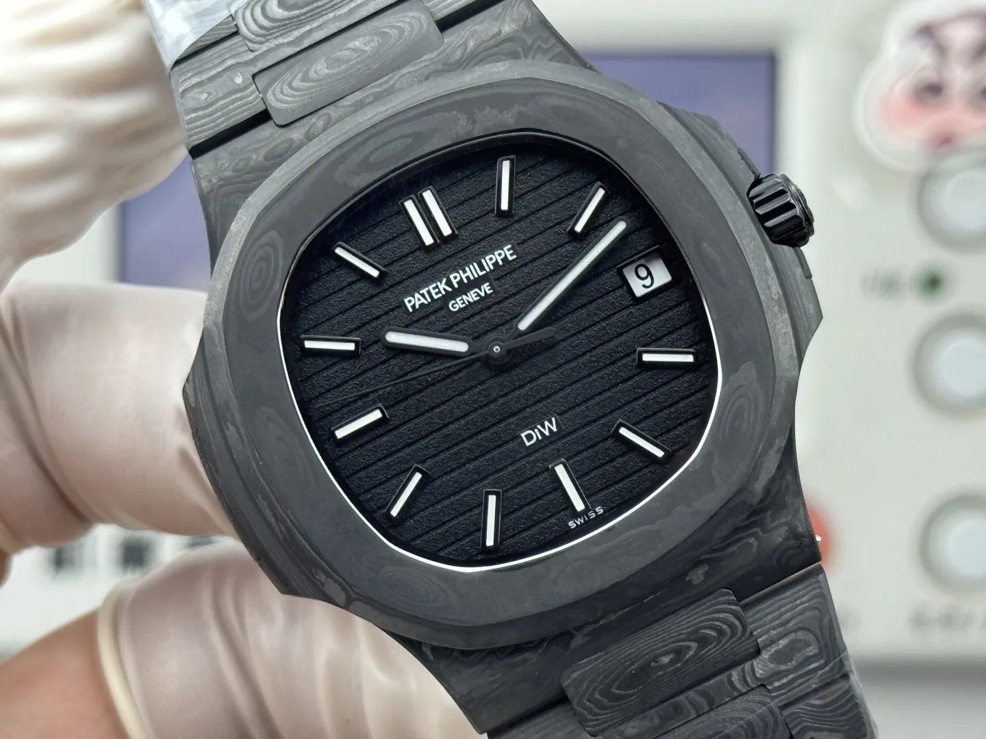 pp-diw-nautilus-5711-black (4) Patek Philippe DiW Nautilus 5711 40mm Matte Black Carbon Fiber Super Clone - Dial Detail 3