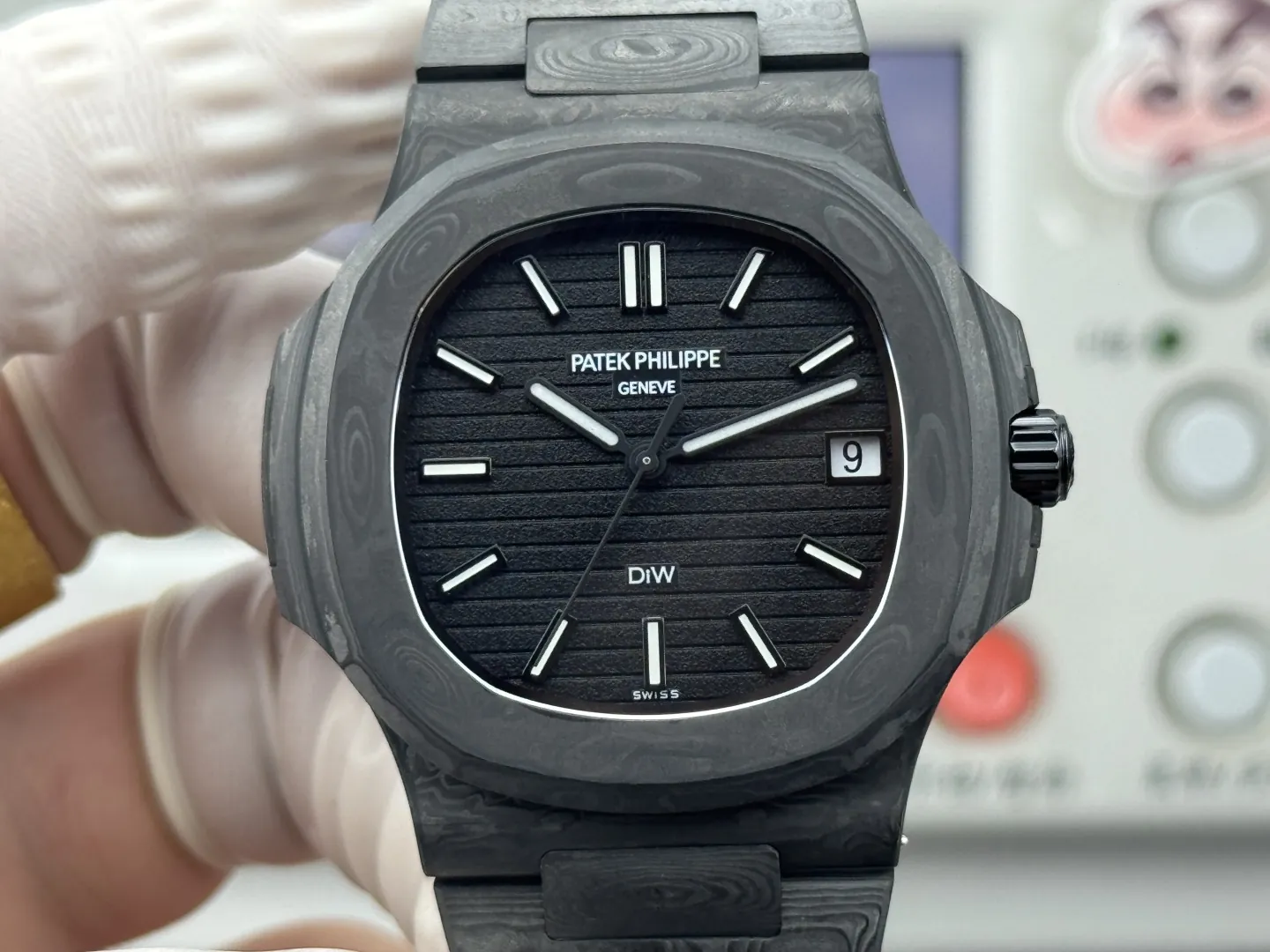 pp-diw-nautilus-5711-black (8) Patek Philippe DiW Nautilus 5711 40mm Matte Black Carbon Fiber Super Clone - Dial Detail 4
