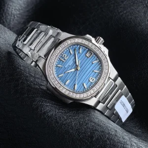 Patek Philippe Nautilus 7010/1G-013 32mm Super Clone Sky Blue Diamond Bezel Swiss Quartz Movement - Dial Detail 1