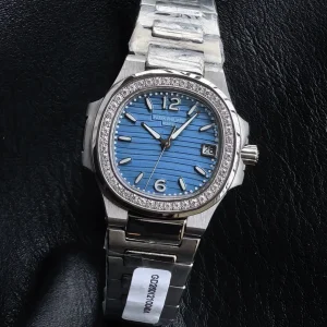 Patek Philippe Nautilus 7010/1G-013 32mm Super Clone Sky Blue Diamond Bezel Swiss Quartz Movement - Front View