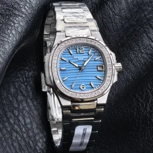 Patek Philippe Nautilus 7010/1G-013 32mm Super Clone Sky Blue Diamond Bezel Swiss Quartz Movement - Dial Detail 3