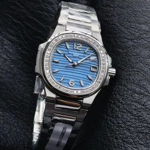 Patek Philippe Nautilus 7010/1G-013 32mm Super Clone Sky Blue Diamond Bezel Swiss Quartz Movement - Dial Detail 2