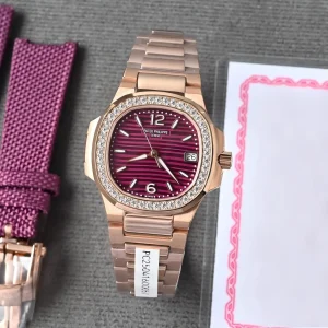 Patek Philippe Nautilus 7010/1R-013 Ladies 32mm Purple Dial Rose Gold Super Clone Watch - Front View
