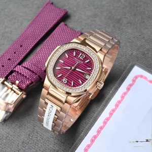 Patek Philippe Nautilus 7010/1R-013 Ladies 32mm Purple Dial Rose Gold Super Clone Watch - Dial Detail 1