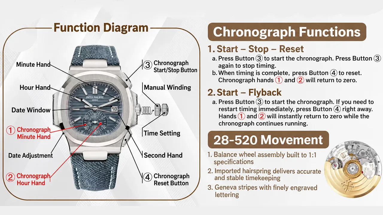 Patek Philippe Nautilus 5980/60G-001 flyback chronograph function diagram Super Clone – 28-520 movement start stop reset and flyback operation