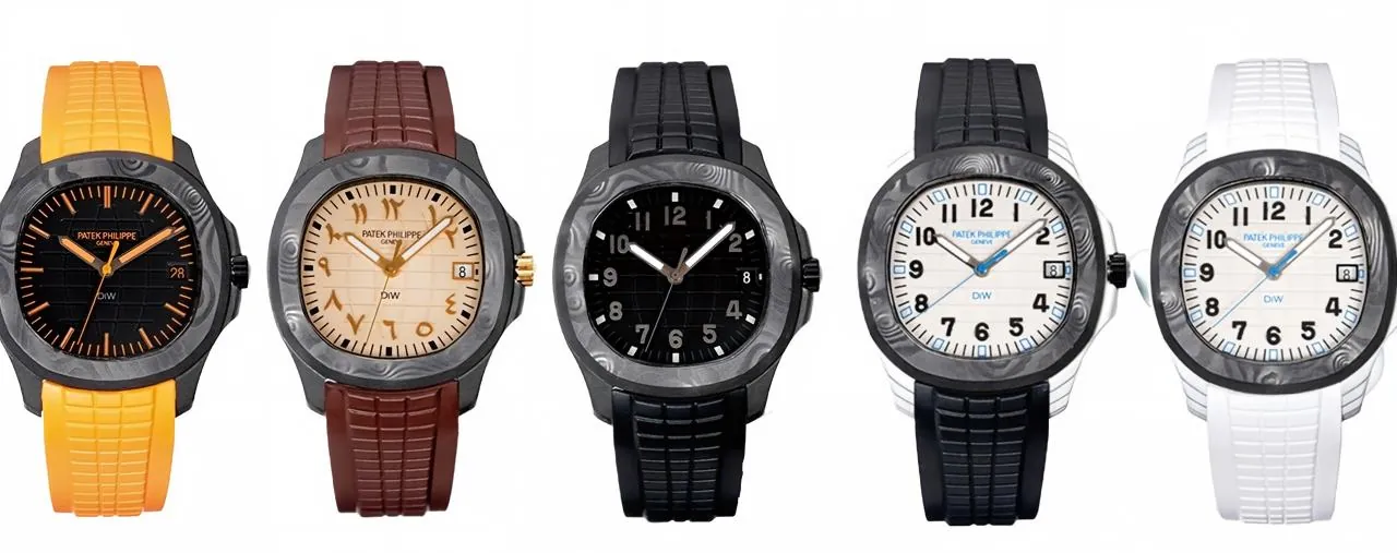 DiW Patek Philippe Aquanaut 5167 carbon fiber Super Clone – multiple colour options with forged quartz case, embossed grid dial and rubber straps