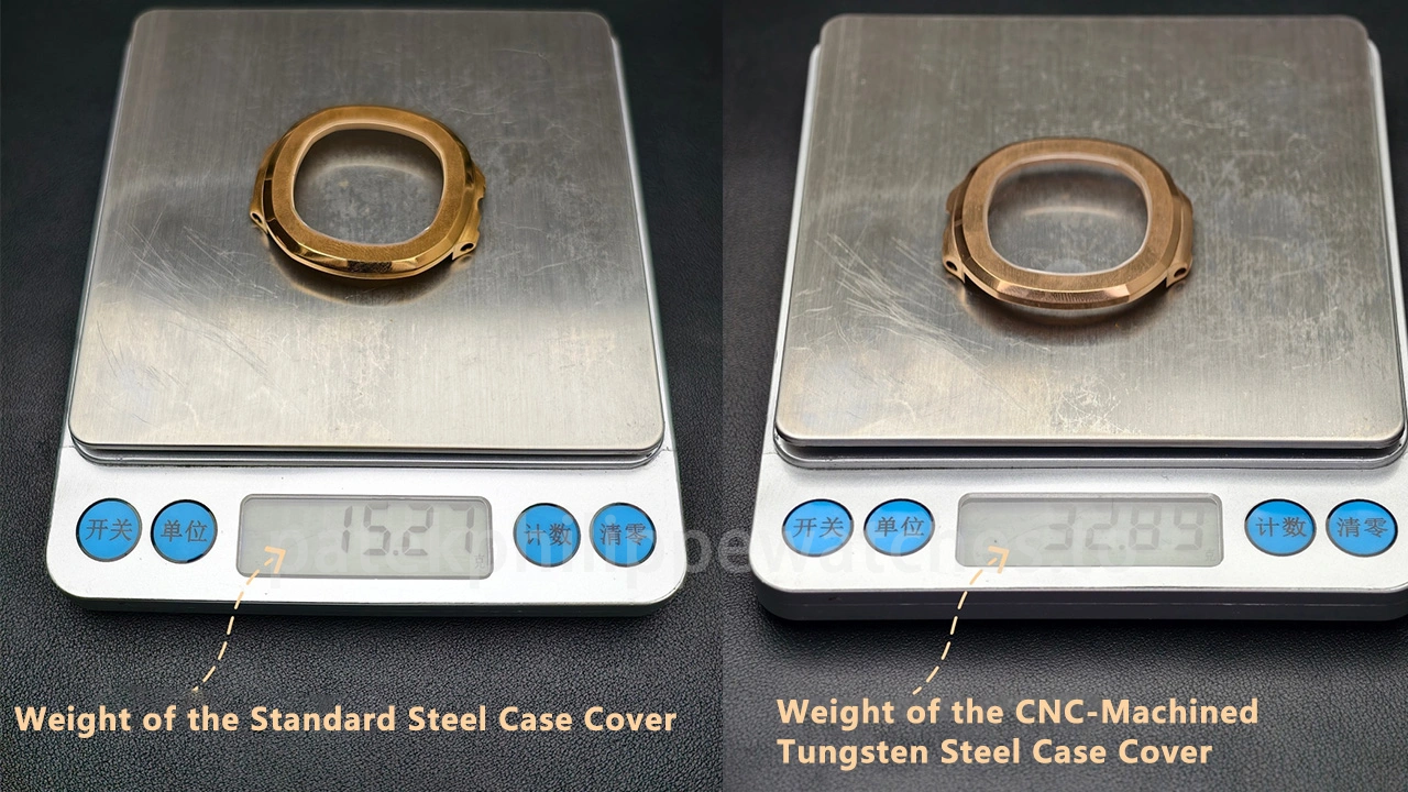 Patek Philippe Nautilus 5712R-001 Super Clone – standard steel case cover 15.27 g vs CNC tungsten steel case cover 32.89 g weight comparison