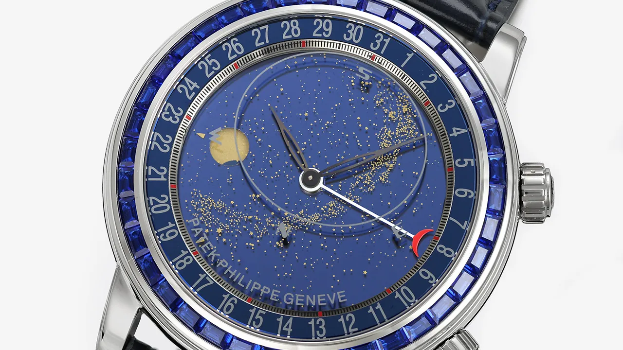 Patek Philippe 6104P-010 Celestial Super Clone – rotating multi-layer sapphire starry sky, Milky Way and moon phase dial with diamond bezel